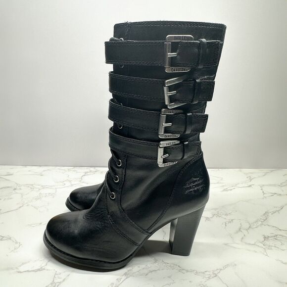 Harley Davidson Ladies Black Leather Boots Size 6 Mid Calf Buckles Zip Lace Up - Picture 2 of 16